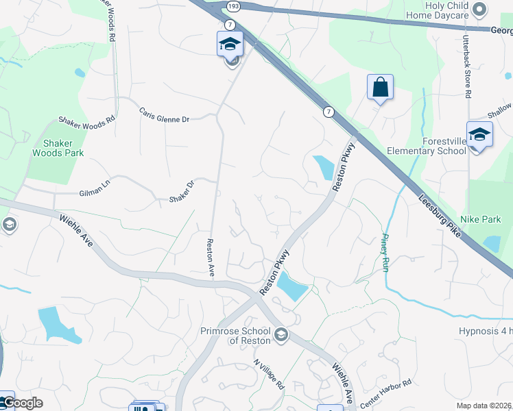 map of restaurants, bars, coffee shops, grocery stores, and more near 11421 Night Star Way in Reston