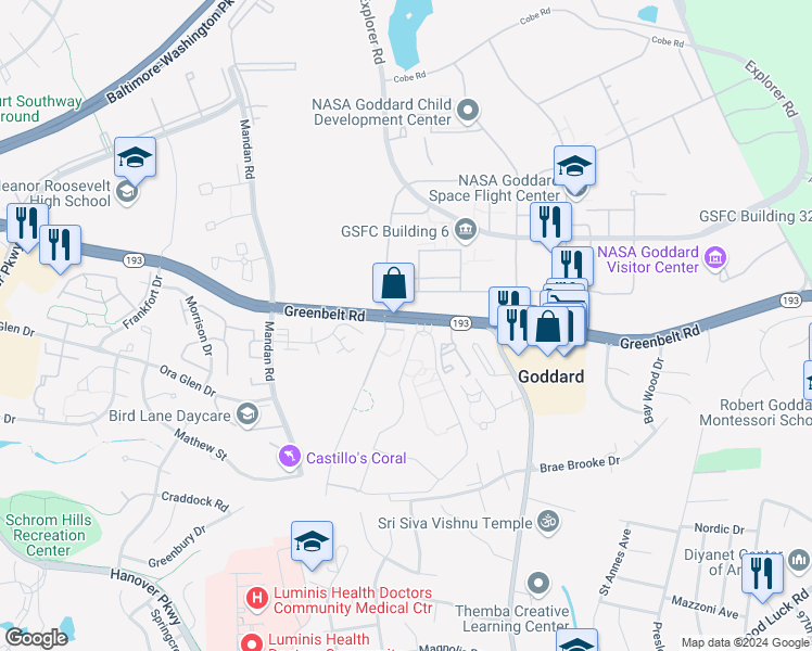 map of restaurants, bars, coffee shops, grocery stores, and more near 8481 Greenbelt Road in Greenbelt