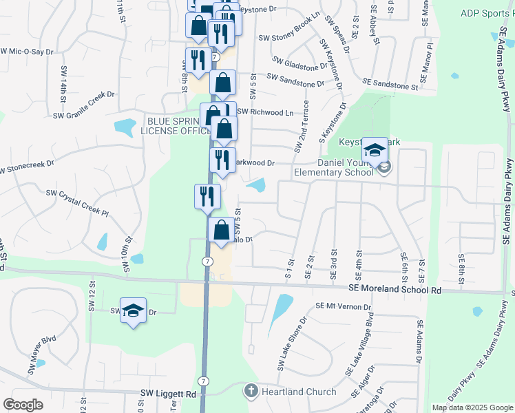 map of restaurants, bars, coffee shops, grocery stores, and more near 404 Southwest Shamrock Place in Blue Springs