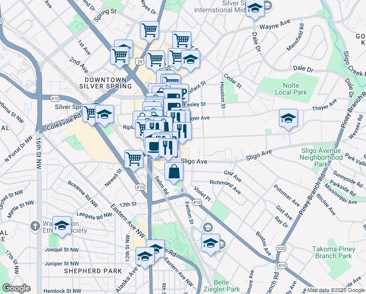 map of restaurants, bars, coffee shops, grocery stores, and more near 8115 Fenton Street in Silver Spring