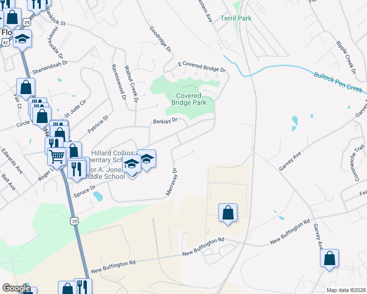map of restaurants, bars, coffee shops, grocery stores, and more near 400 Merravay Drive in Florence