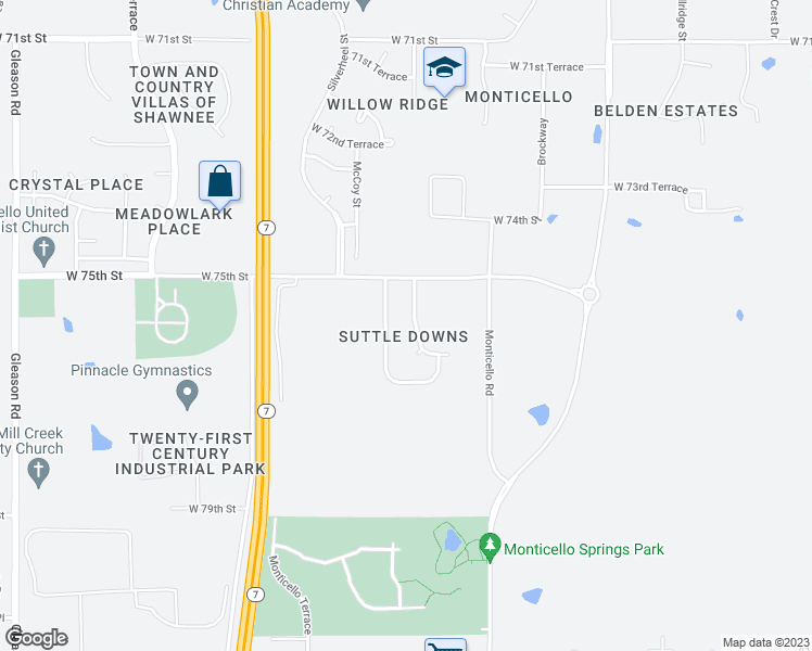 map of restaurants, bars, coffee shops, grocery stores, and more near 7530 McCoy Street in Shawnee