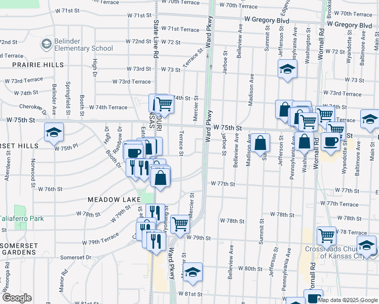 map of restaurants, bars, coffee shops, grocery stores, and more near 1214 West 76 Street in Kansas City
