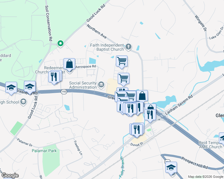 map of restaurants, bars, coffee shops, grocery stores, and more near 7375 Executive Place in Lanham