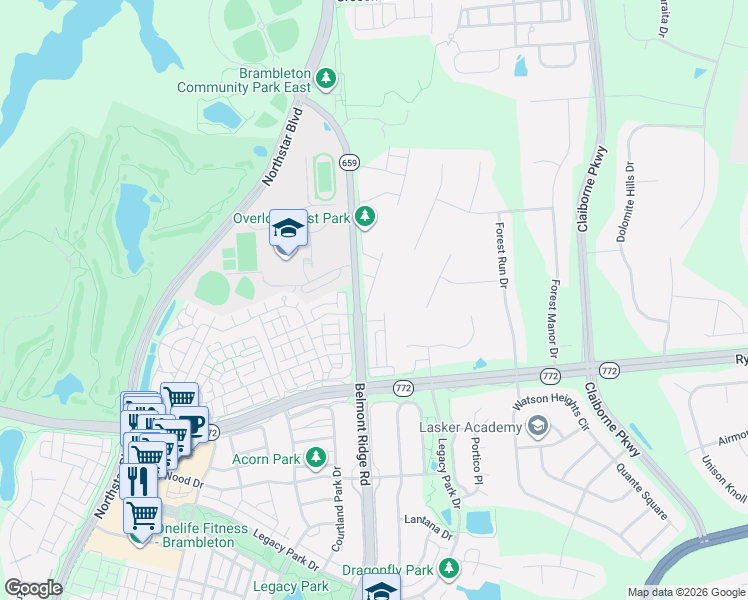 map of restaurants, bars, coffee shops, grocery stores, and more near 22624 Parkland Farms Terrace in Broadlands