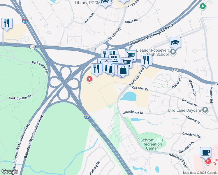 map of restaurants, bars, coffee shops, grocery stores, and more near 7503 Greenway Center Drive in Greenbelt