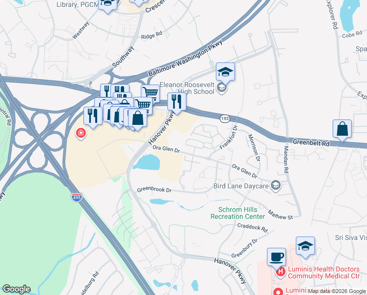 map of restaurants, bars, coffee shops, grocery stores, and more near 7701 Ora Court in Greenbelt