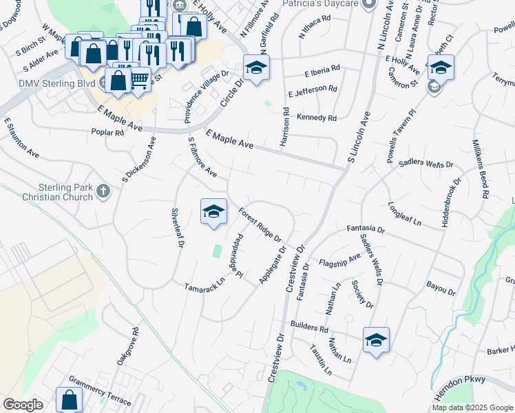 map of restaurants, bars, coffee shops, grocery stores, and more near 106 Applegate Drive in Sterling