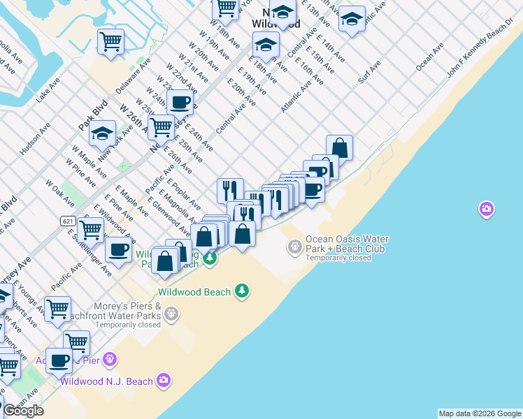 map of restaurants, bars, coffee shops, grocery stores, and more near 429 East 25th Avenue in North Wildwood