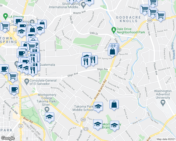 map of restaurants, bars, coffee shops, grocery stores, and more near Sligo Ave & Schrider St in Silver Spring