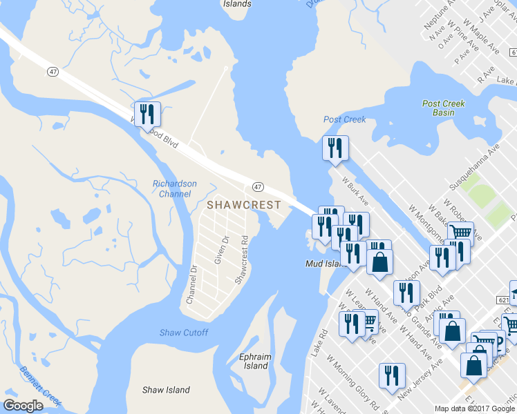 map of restaurants, bars, coffee shops, grocery stores, and more near 778 West Rio Grande Avenue in Wildwood