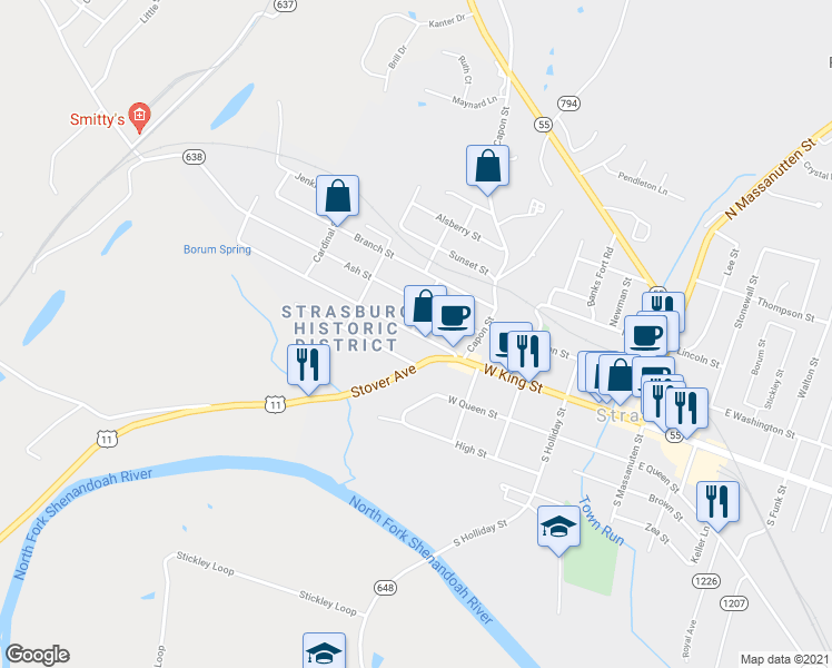 map of restaurants, bars, coffee shops, grocery stores, and more near 391 West King Street in Strasburg