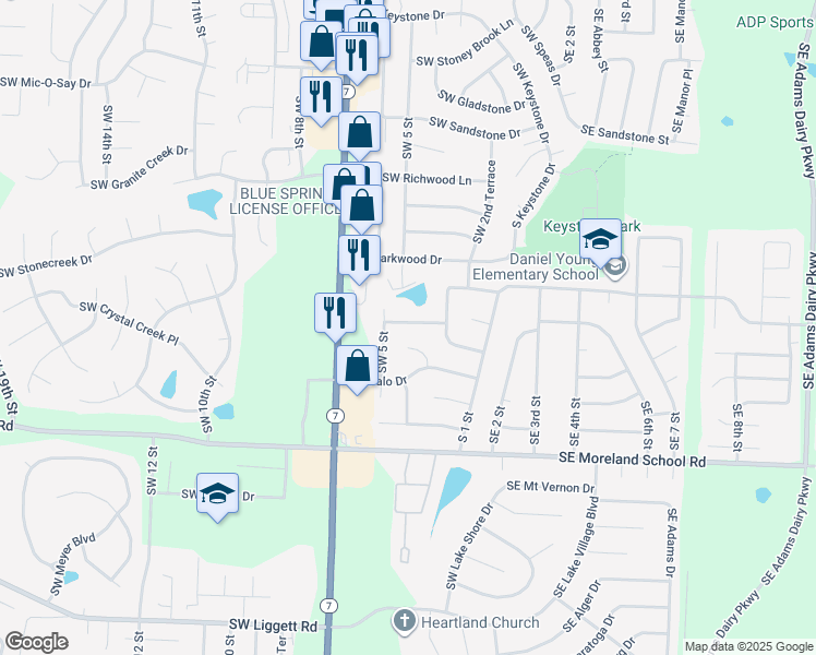 map of restaurants, bars, coffee shops, grocery stores, and more near 404 Southwest Shamrock Place in Blue Springs