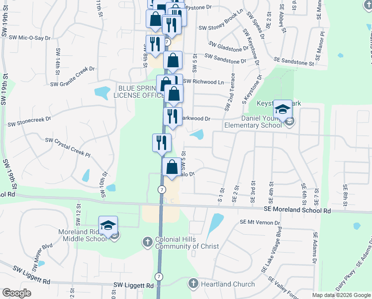 map of restaurants, bars, coffee shops, grocery stores, and more near 2717 Southwest 5 Street in Blue Springs