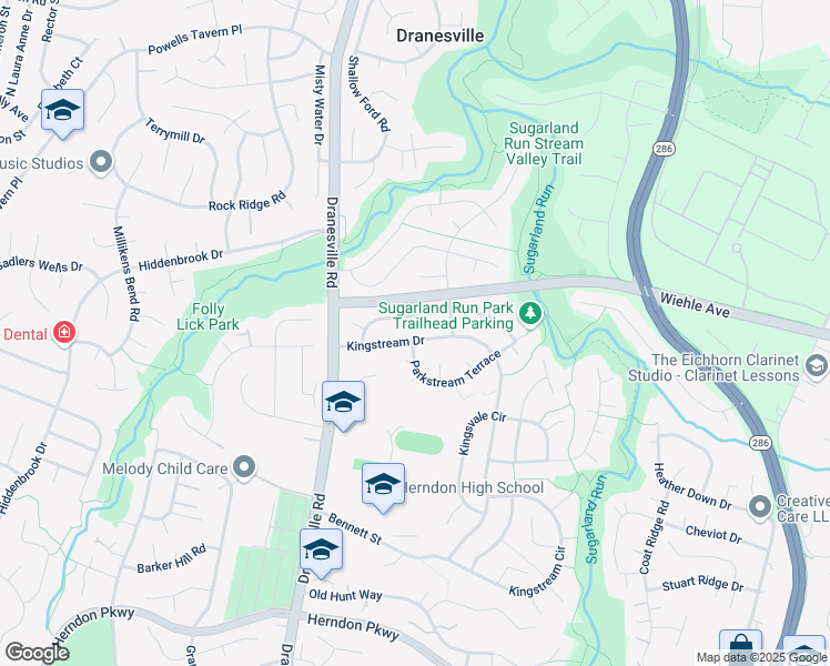 map of restaurants, bars, coffee shops, grocery stores, and more near 1417 Kingstream Drive in Herndon