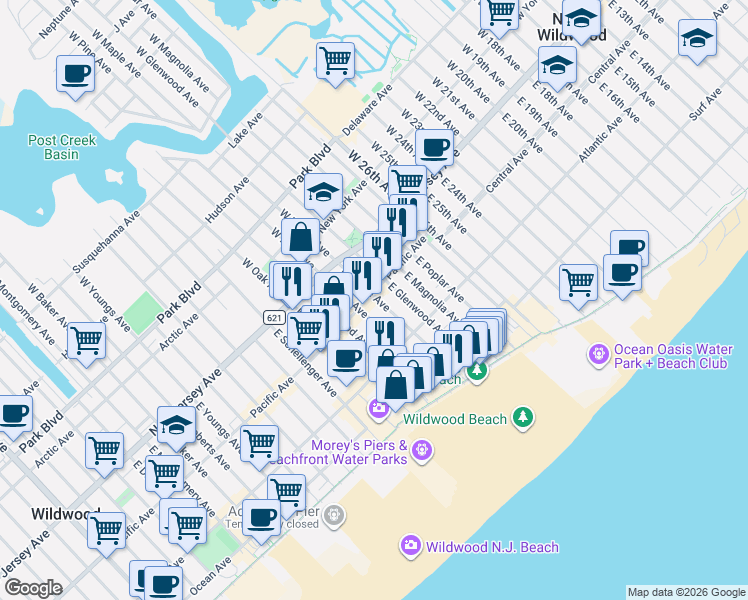map of restaurants, bars, coffee shops, grocery stores, and more near 218 East Maple Avenue in Wildwood