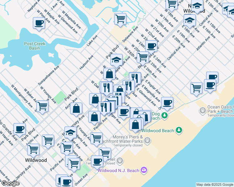 map of restaurants, bars, coffee shops, grocery stores, and more near in Wildwood