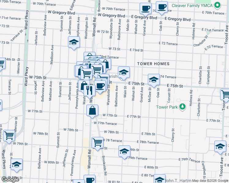 map of restaurants, bars, coffee shops, grocery stores, and more near 7533 Wyandotte Street in Kansas City