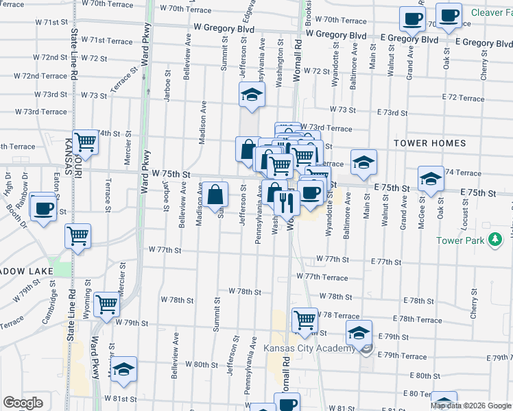 map of restaurants, bars, coffee shops, grocery stores, and more near 7541 Pennsylvania Avenue in Kansas City