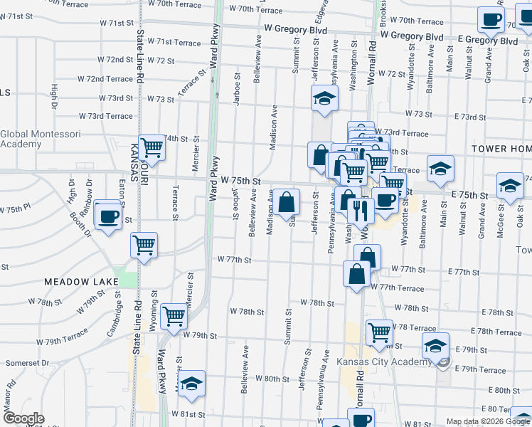 map of restaurants, bars, coffee shops, grocery stores, and more near 7540 Madison Avenue in Kansas City