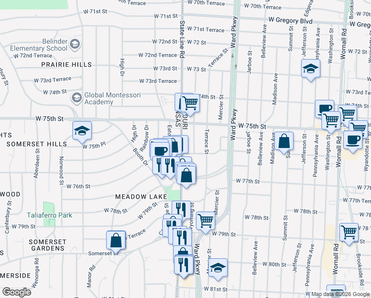 map of restaurants, bars, coffee shops, grocery stores, and more near 7549 State Line Road in Kansas City
