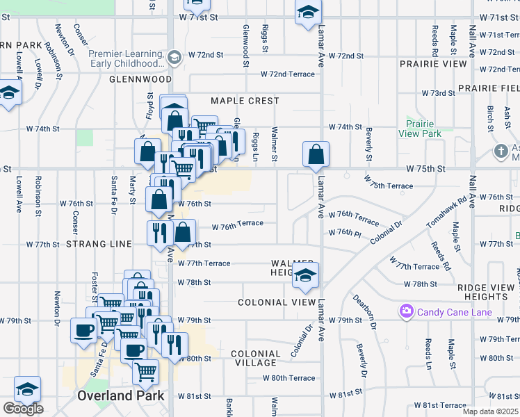 map of restaurants, bars, coffee shops, grocery stores, and more near 6601 West 76th Street in Overland Park