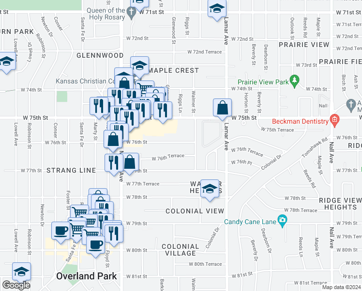 map of restaurants, bars, coffee shops, grocery stores, and more near 6601 West 76th Street in Overland Park