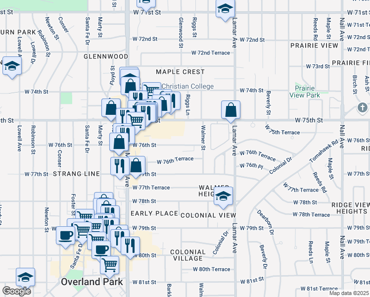 map of restaurants, bars, coffee shops, grocery stores, and more near 6601 West 76th Street in Overland Park