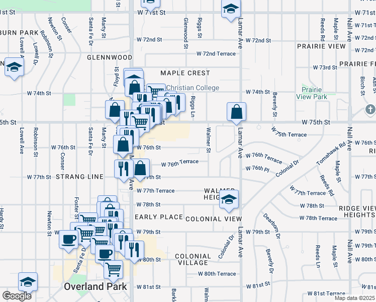 map of restaurants, bars, coffee shops, grocery stores, and more near 6721 West 76th Street in Overland Park