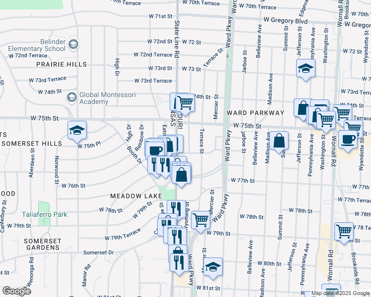 map of restaurants, bars, coffee shops, grocery stores, and more near 7553 Wyoming Street in Kansas City