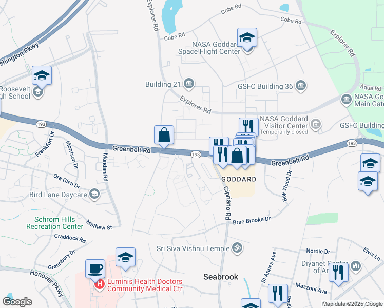 map of restaurants, bars, coffee shops, grocery stores, and more near 8689 Greenbelt Road in Greenbelt