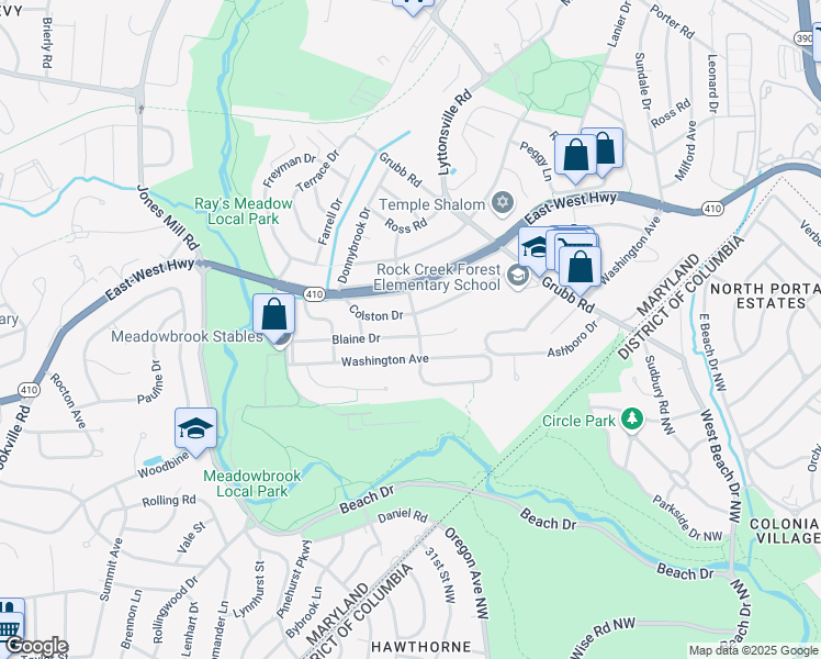 map of restaurants, bars, coffee shops, grocery stores, and more near 2701 Blaine Drive in Chevy Chase