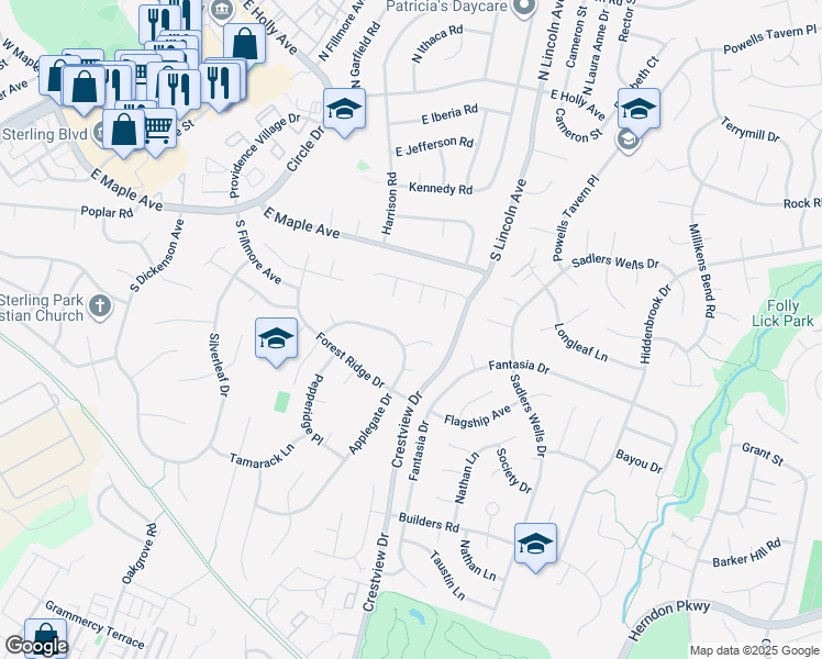 map of restaurants, bars, coffee shops, grocery stores, and more near 109 Cottonwood Court in Sterling
