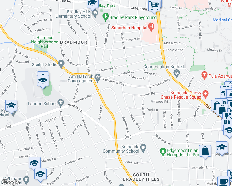 map of restaurants, bars, coffee shops, grocery stores, and more near 8023 Aberdeen Road in Bethesda