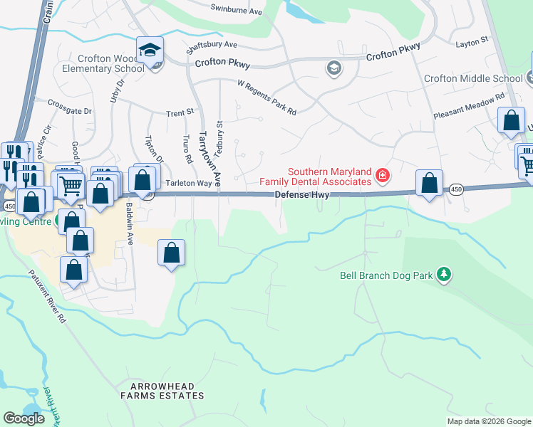 map of restaurants, bars, coffee shops, grocery stores, and more near 1571 Defense Highway in Gambrills