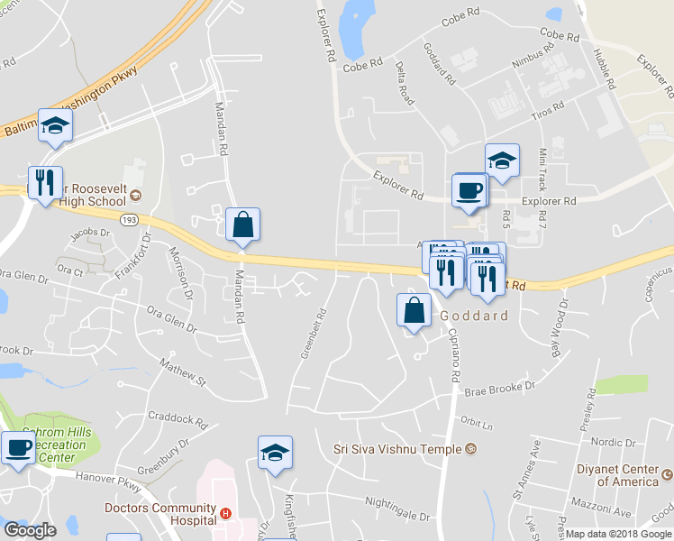 map of restaurants, bars, coffee shops, grocery stores, and more near 10d Greenbelt Road in Greenbelt
