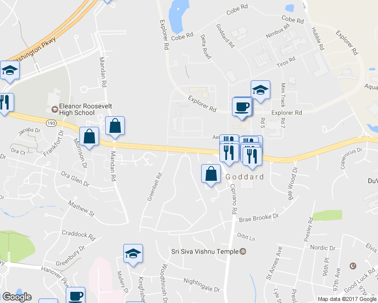 map of restaurants, bars, coffee shops, grocery stores, and more near 8501 Greenbelt Road in Greenbelt