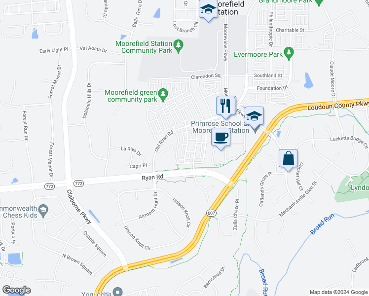 map of restaurants, bars, coffee shops, grocery stores, and more near 22613 Cambridgeport Square in Ashburn