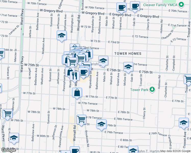 map of restaurants, bars, coffee shops, grocery stores, and more near 7533 Wyandotte Street in Kansas City
