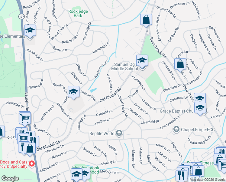 map of restaurants, bars, coffee shops, grocery stores, and more near 3901 Wakefield Lane in Bowie