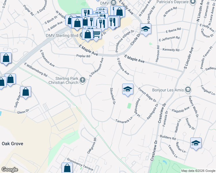 map of restaurants, bars, coffee shops, grocery stores, and more near 102 Caragana Court in Sterling