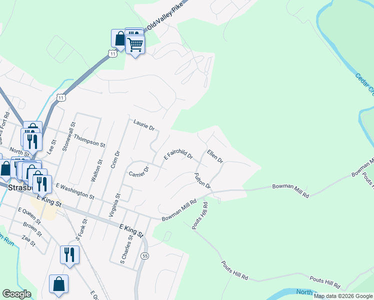 map of restaurants, bars, coffee shops, grocery stores, and more near 455 Stone Circle in Strasburg