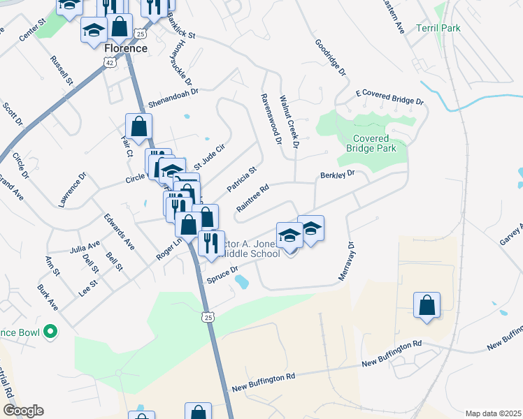 map of restaurants, bars, coffee shops, grocery stores, and more near 117 Raintree Road in Florence