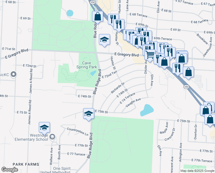 map of restaurants, bars, coffee shops, grocery stores, and more near 8903 East 73rd Street in Raytown