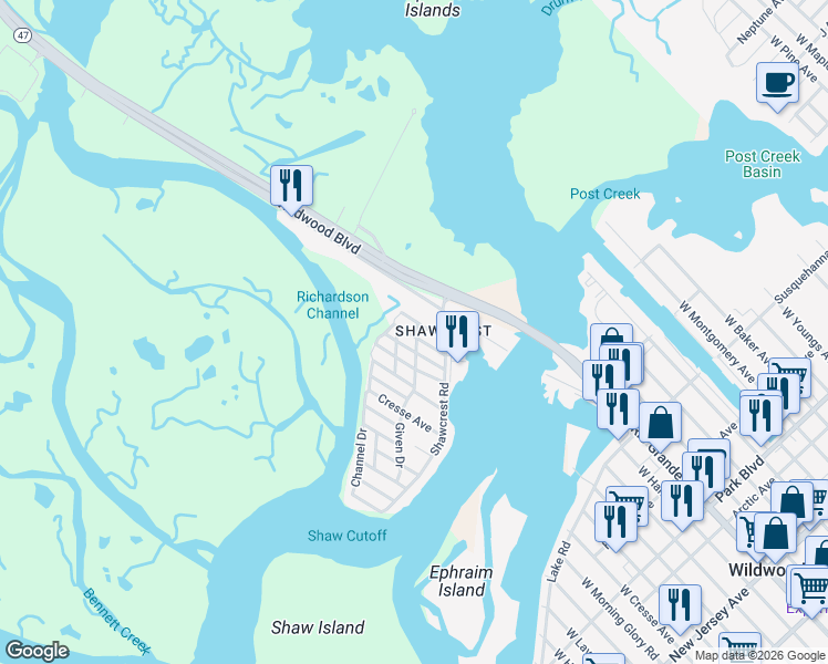 map of restaurants, bars, coffee shops, grocery stores, and more near in Middle Township