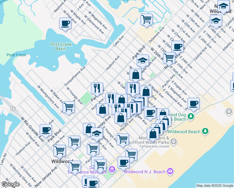 map of restaurants, bars, coffee shops, grocery stores, and more near 153 West Schellenger Avenue in Wildwood