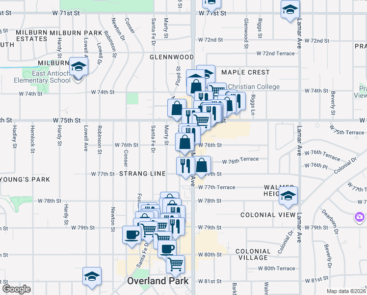 map of restaurants, bars, coffee shops, grocery stores, and more near 7600 Metcalf Avenue in Overland Park