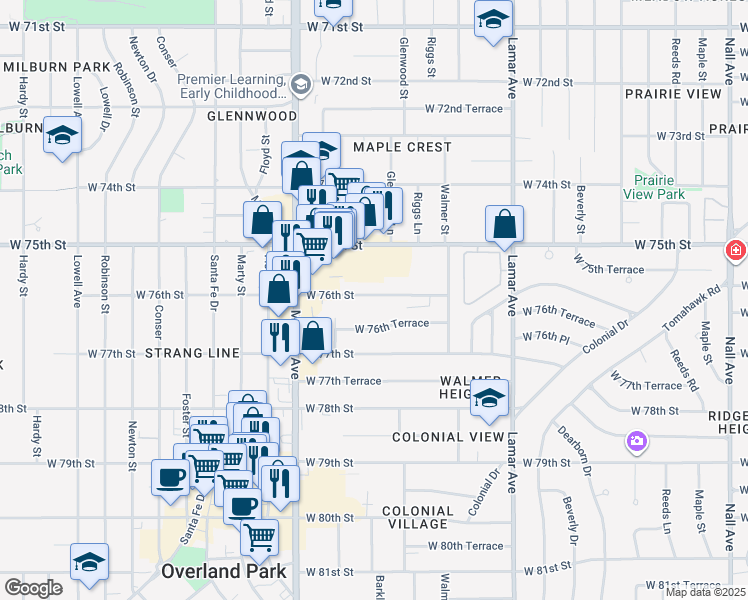 map of restaurants, bars, coffee shops, grocery stores, and more near 6827 West 76th Street in Overland Park