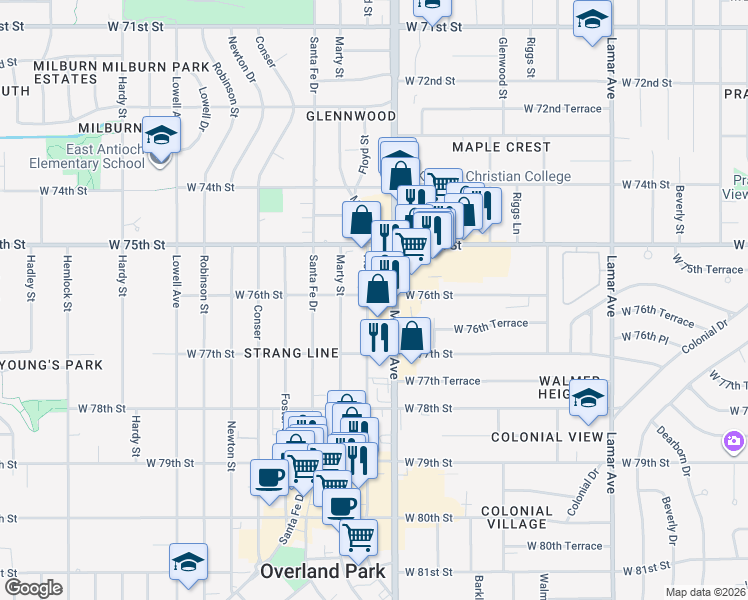 map of restaurants, bars, coffee shops, grocery stores, and more near 7600 Metcalf Avenue in Overland Park