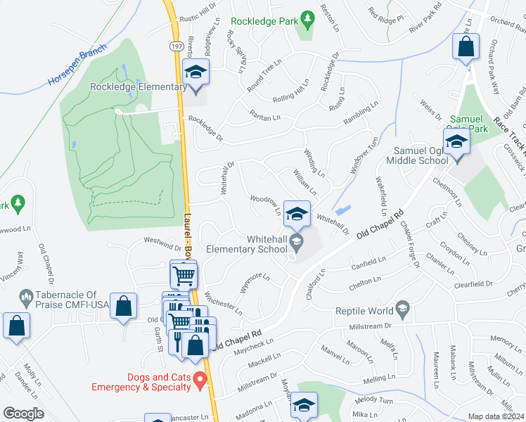 map of restaurants, bars, coffee shops, grocery stores, and more near 4005 Winfield Court in Bowie
